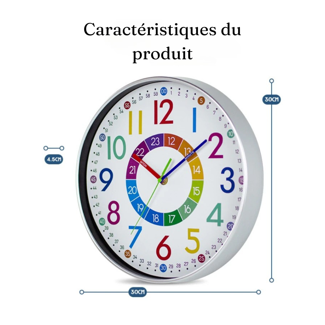 Horloge Murale Enfant Éducative | Apprentissage 12h/24h | Colorée Silencieuse 30cm