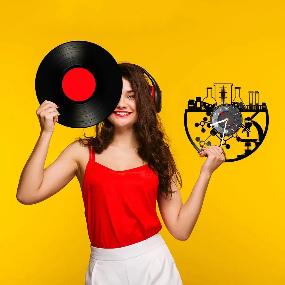 Horloge Vinyle Science | Labo Chimie Recyclé | Option LED Silencieuse