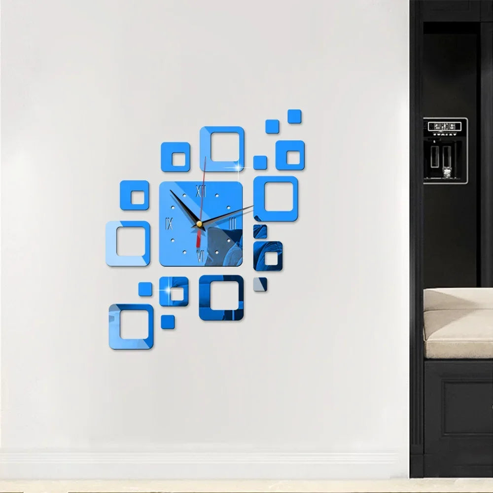 Horloge Design Adhésive Miroirs | 3D Carrés Sans Perçage | Moderne 40cm