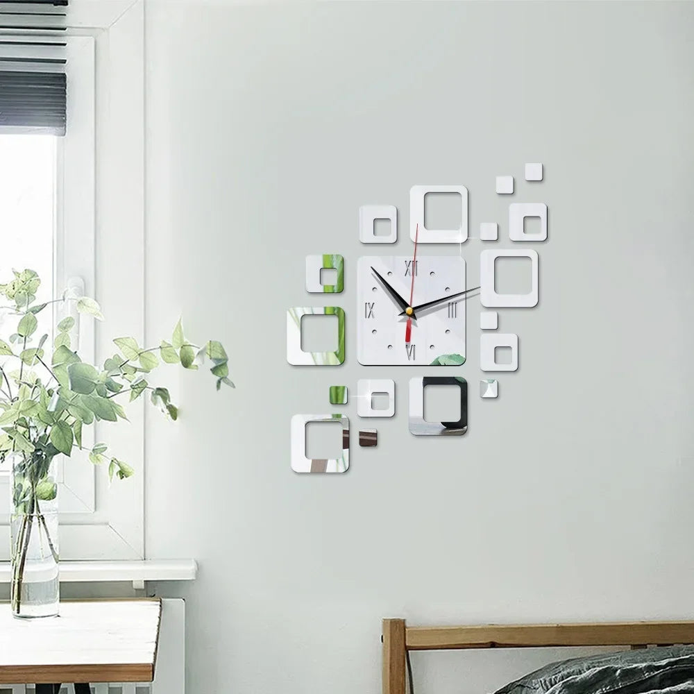 Horloge Design Adhésive Miroirs | 3D Carrés Sans Perçage | Moderne 40cm