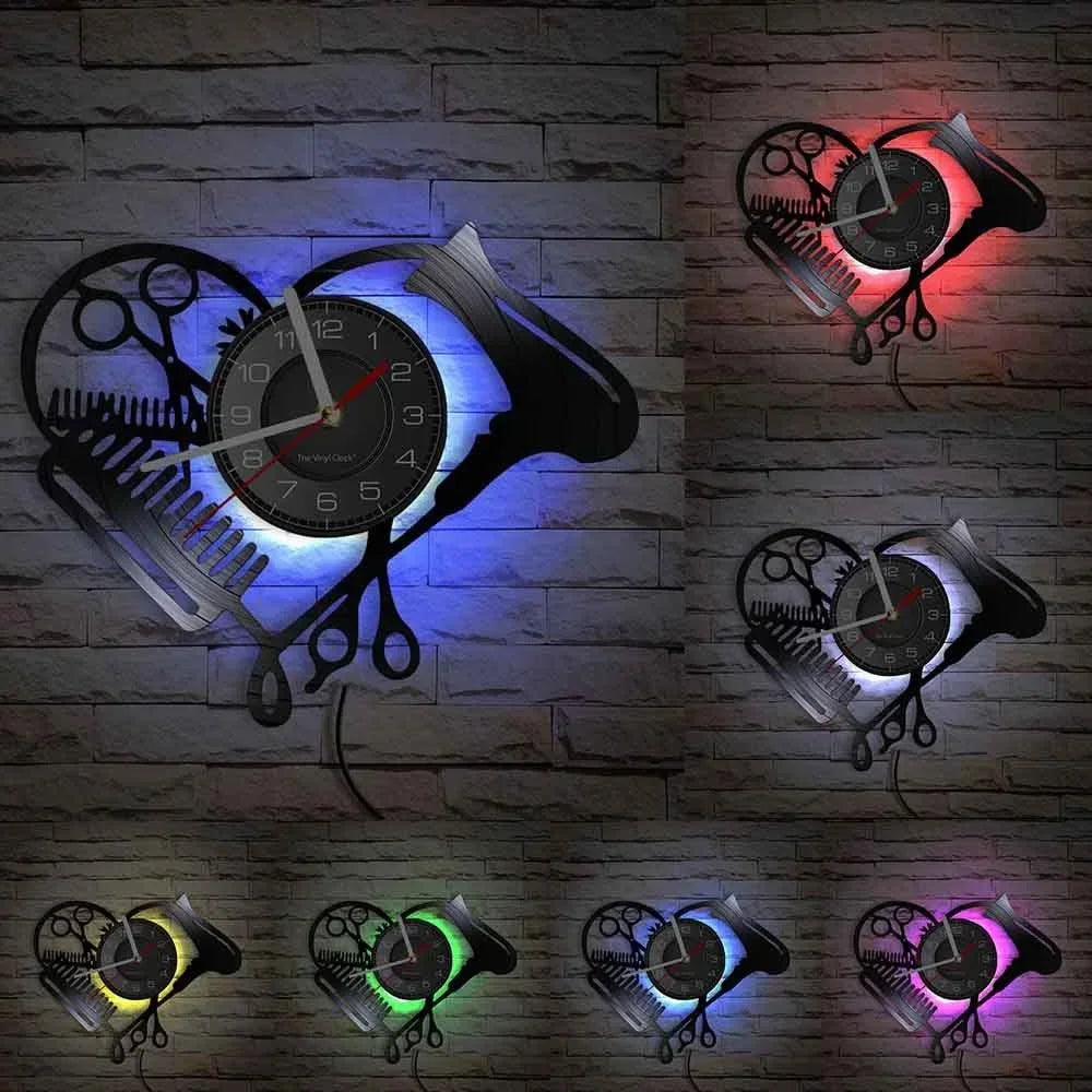 Horloge Vinyle Design Coiffeur | Décoration Salon | Silencieuse 30cm LED