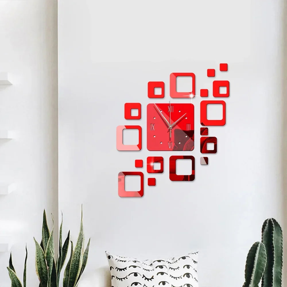 Horloge Design Adhésive Miroirs | 3D Carrés Sans Perçage | Moderne 40cm