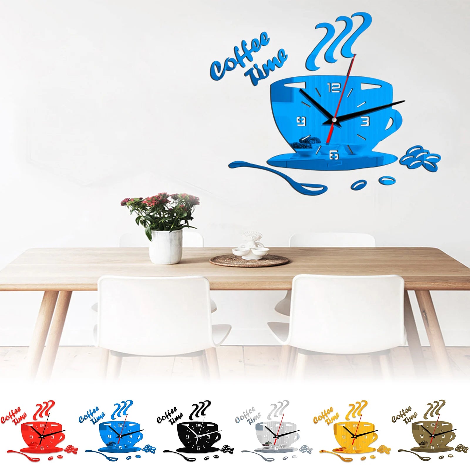 Horloge Murale Tasse Café 3D | Design Miroir Autocollant | Cuisine 30x40cm