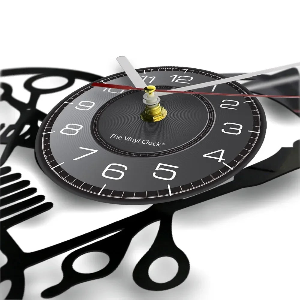 Horloge Vinyle Design Coiffeur | Décoration Salon | Silencieuse 30cm LED