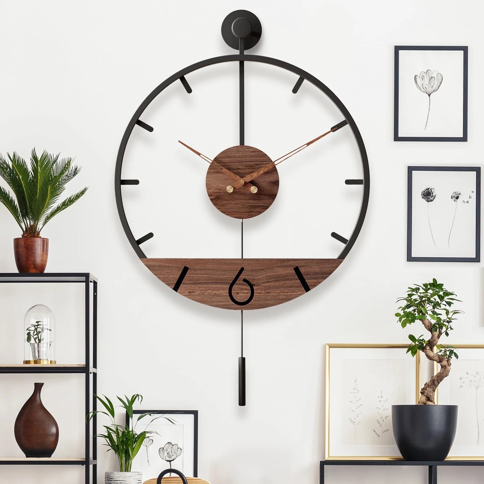 Horloge Design Rétro Balancier | Métal Bois Silencieuse | Grande 60cm Moderne