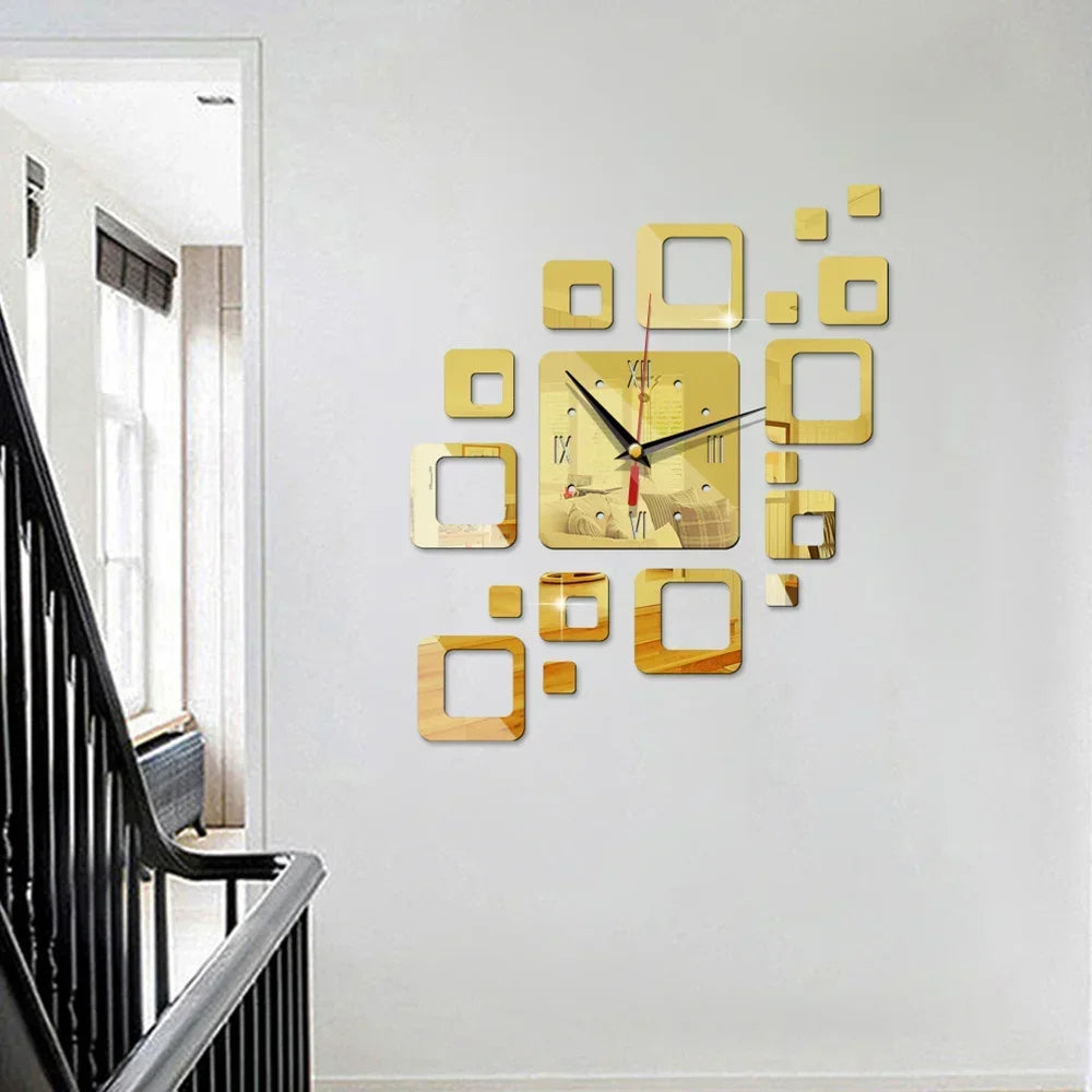 Horloge Design Adhésive Miroirs | 3D Carrés Sans Perçage | Moderne 40cm
