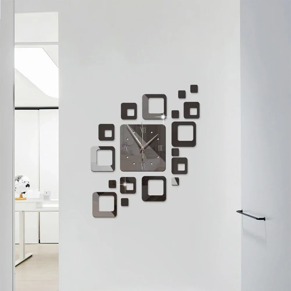Horloge Design Adhésive Miroirs | 3D Carrés Sans Perçage | Moderne 40cm
