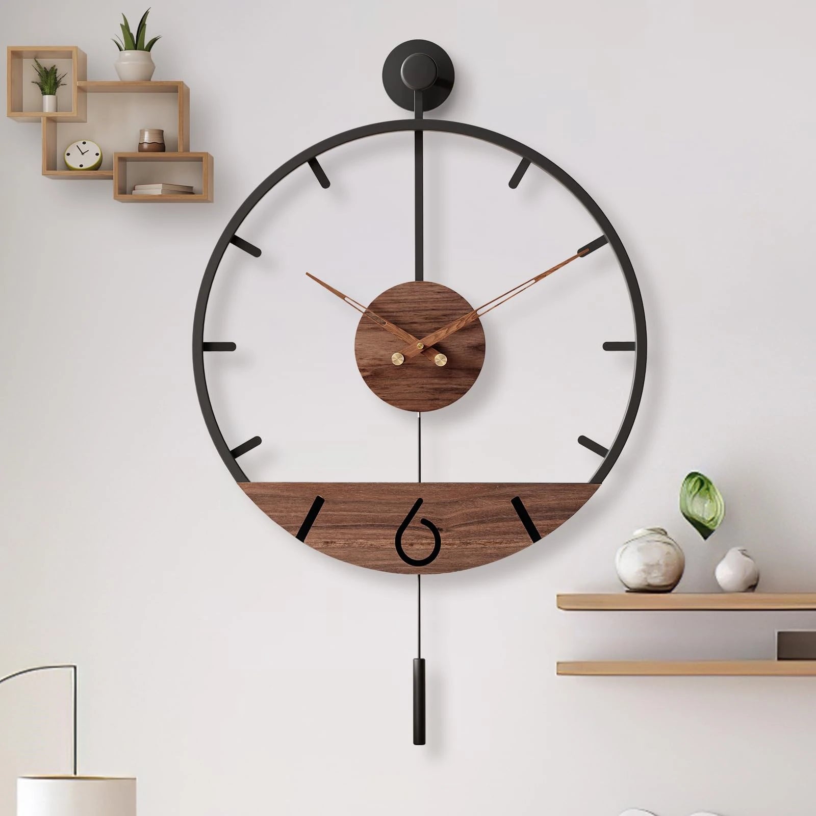 Horloge Design Rétro Balancier | Métal Bois Silencieuse | Grande 60cm Moderne