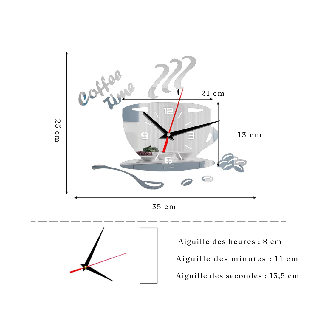 Horloge Murale Tasse Café 3D | Design Miroir Autocollant | Cuisine 30x40cm