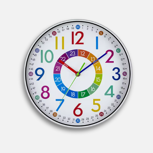 Horloge Murale Enfant Éducative | Apprentissage 12h/24h | Colorée Silencieuse 30cm