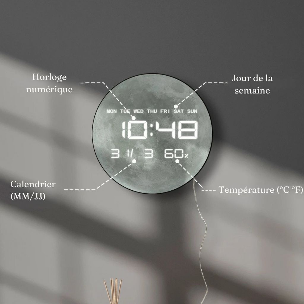 Horloge Lune LED Auto-Dimming | Affichage Géant | Design Spatial 3D