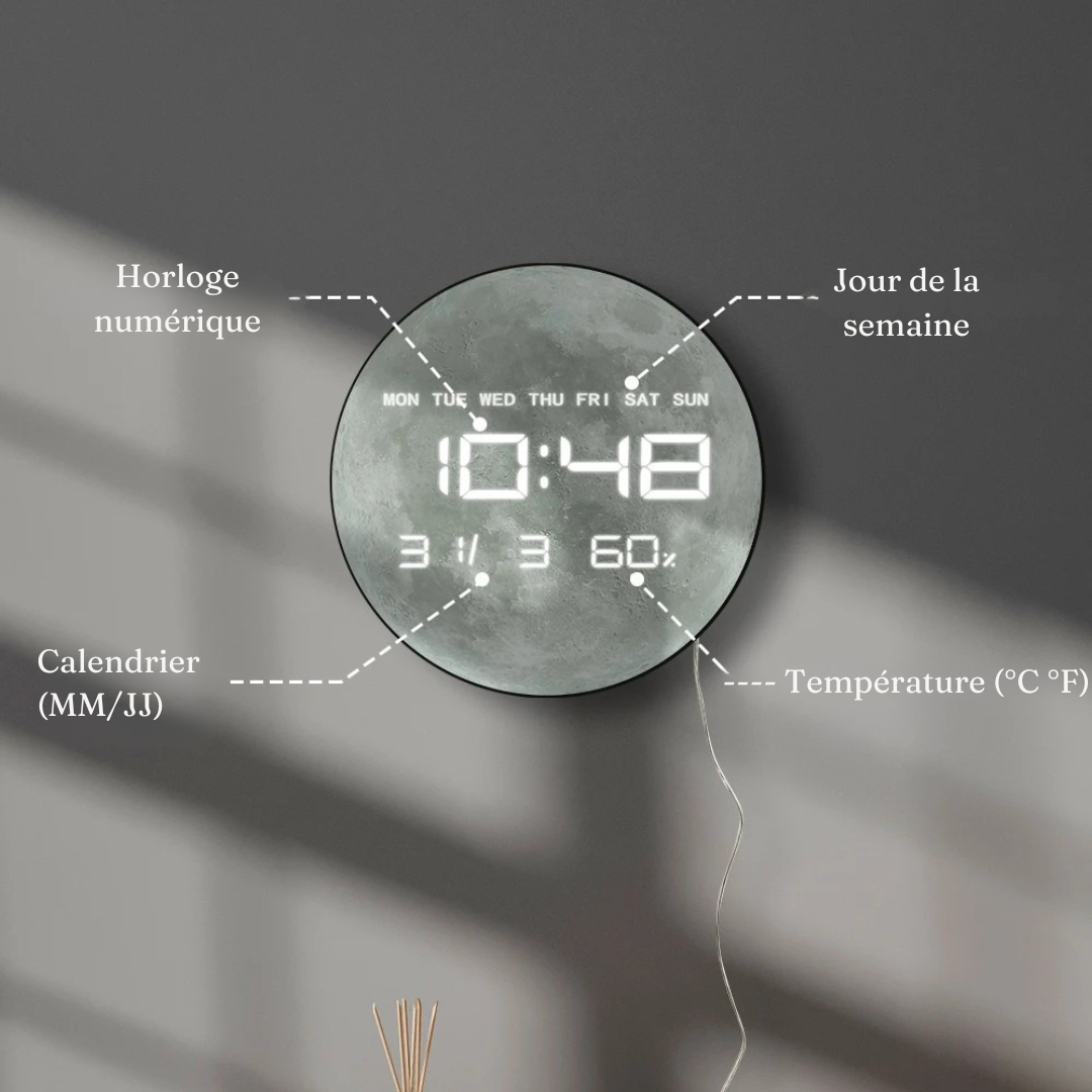 Horloge Lune LED Auto-Dimming | Affichage Géant | Design Spatial 3D