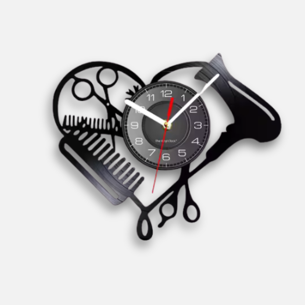Horloge Vinyle Design Coiffeur | Décoration Salon | Silencieuse 30cm LED