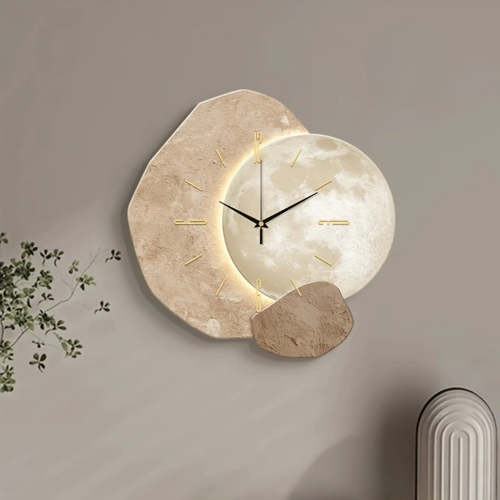 Horloge murale design lune silencieuse – Élégance pierre et bois unique