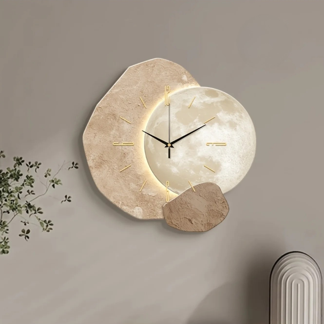Horloge murale design lune silencieuse – Élégance pierre et bois unique