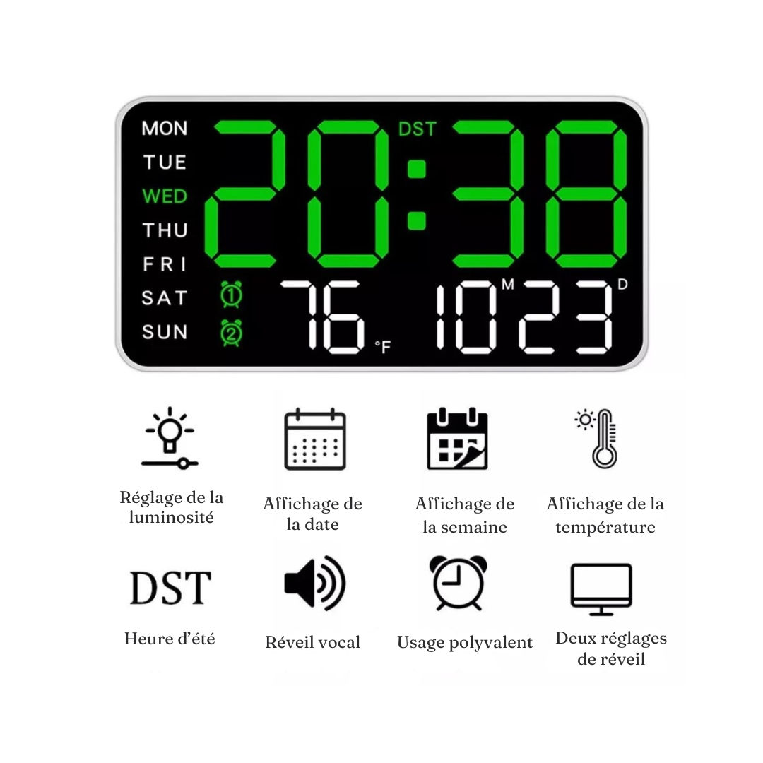 Horloge LED Digitale Multifonction | Contrôle Vocal Réveil | Température 24cm