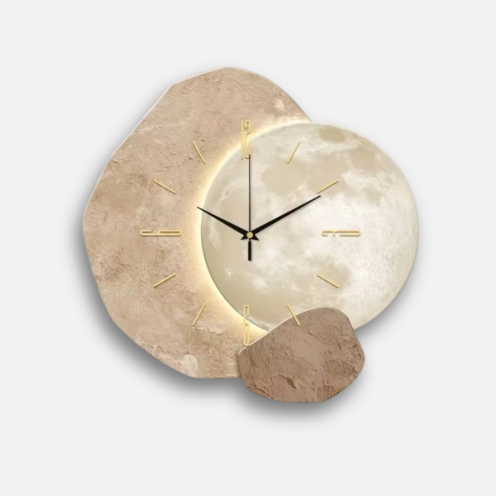 Horloge murale design lune silencieuse – Élégance pierre et bois unique